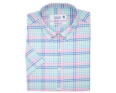 Double Two DTLS1123A Gingham Check Short Sleeve Shirt Turquoise